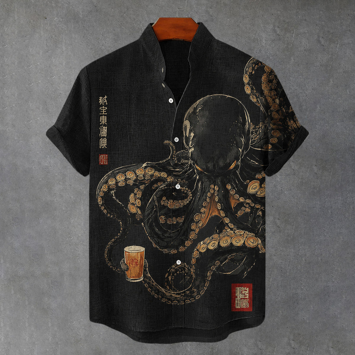 Men's Retro Japanese Octopus Art Print Casual Shirt