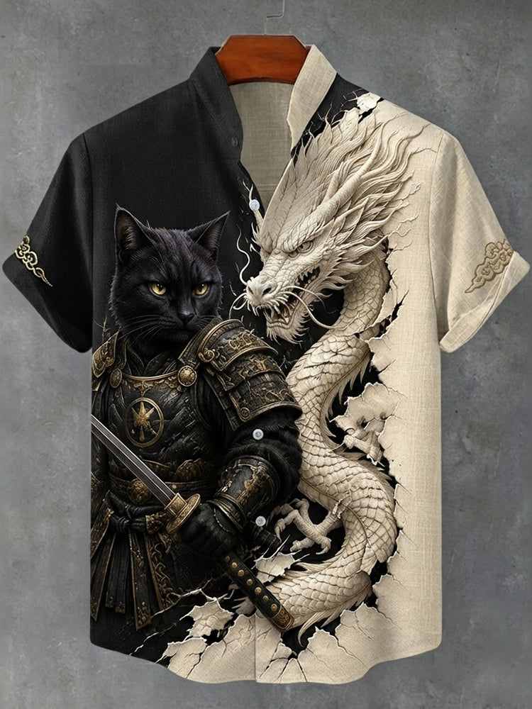 Men's Vintage Black Cat Warrior And White Dragon Japanese Art Printing Flowy Linen Blend Casual Shirt