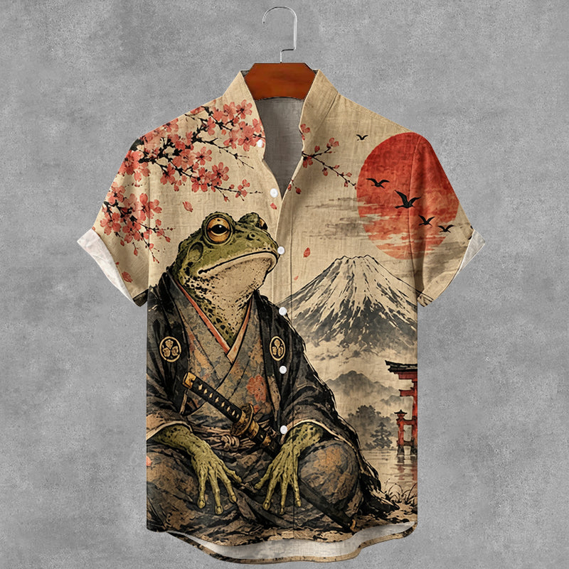 Vintage Japanese Frog Art Print Button Casual Linen Shirt