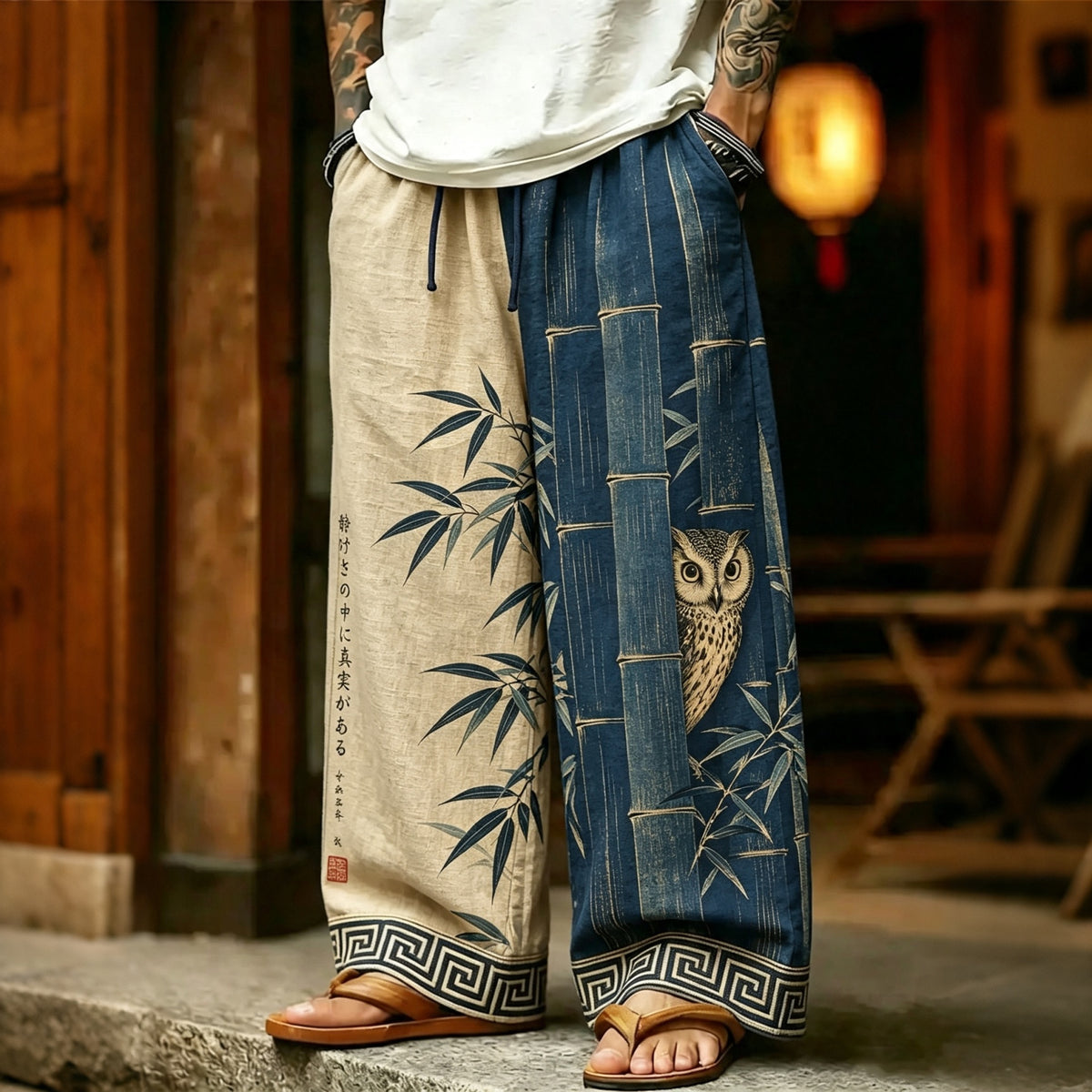 Men's Vintage Japanese Bamboo Forest Owl Art Print Casual Pants