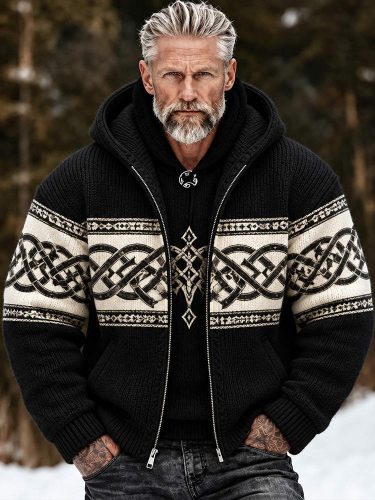 Men's Vintage Viking Celtic Knot Art Color-block Warm Knitted Jacquard Zip-up Hoodie