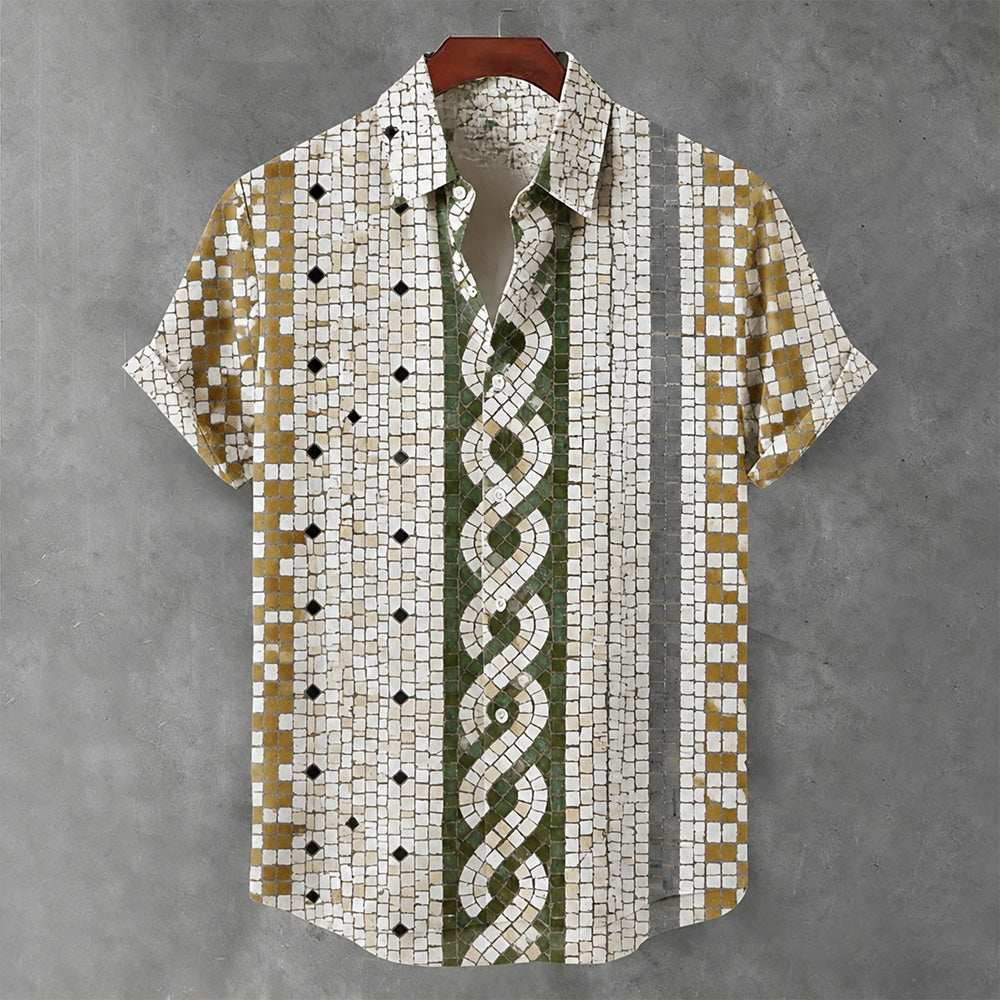 Vintage Japanese Geometric Pattern Art Print And Linen Short-sleeved Shirt