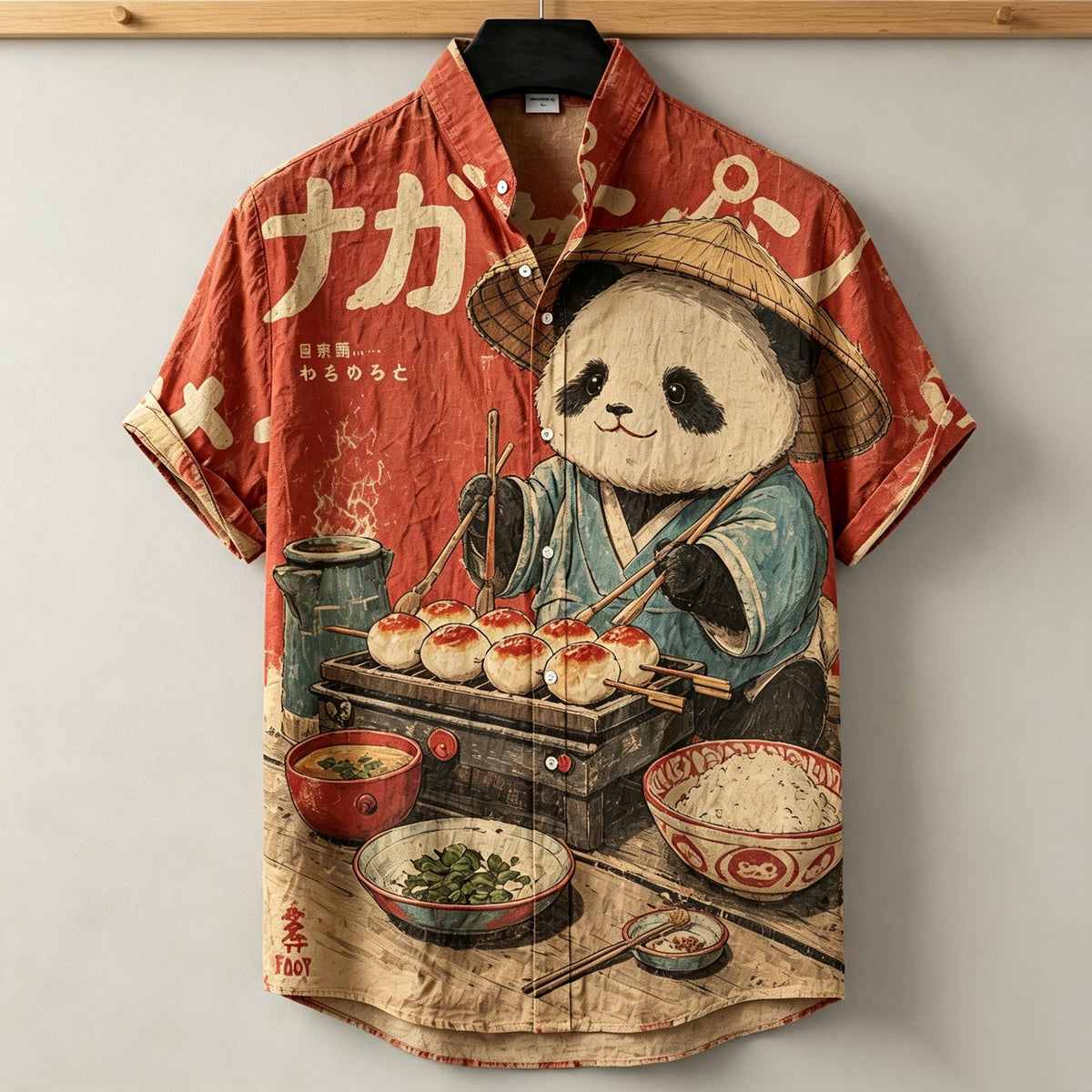 Men's Retro Japanese Art Panda Print Linen Shirt