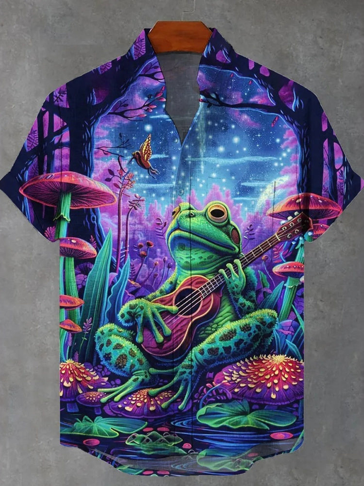 Men's Vintage Mushroom Frog Guitar Print Casual Shirt