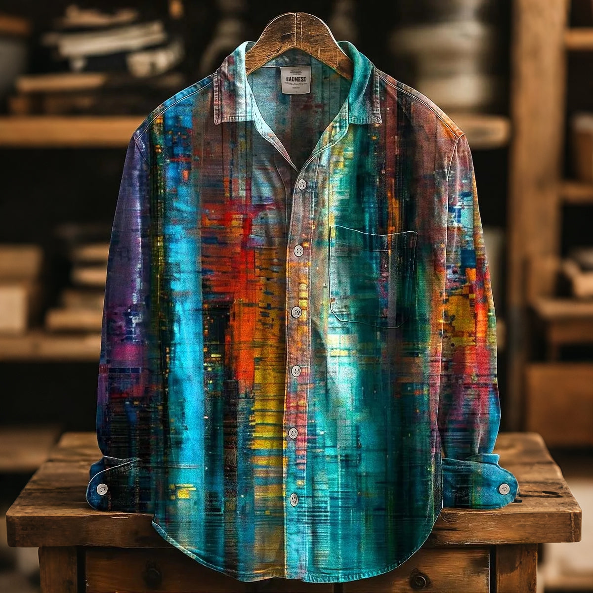 Men's Retro Vacation Color Block Lapel Long-sleeve Linen Shirt
