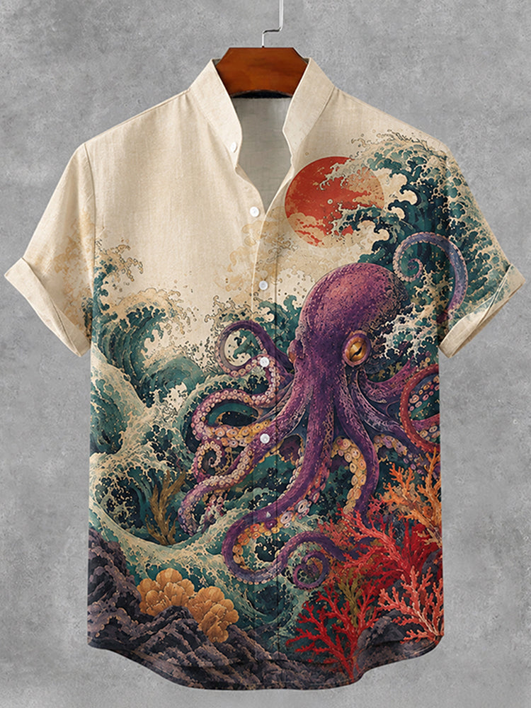 Men's Vintage Japanese Octopus Art Button Casual Linen Shirt