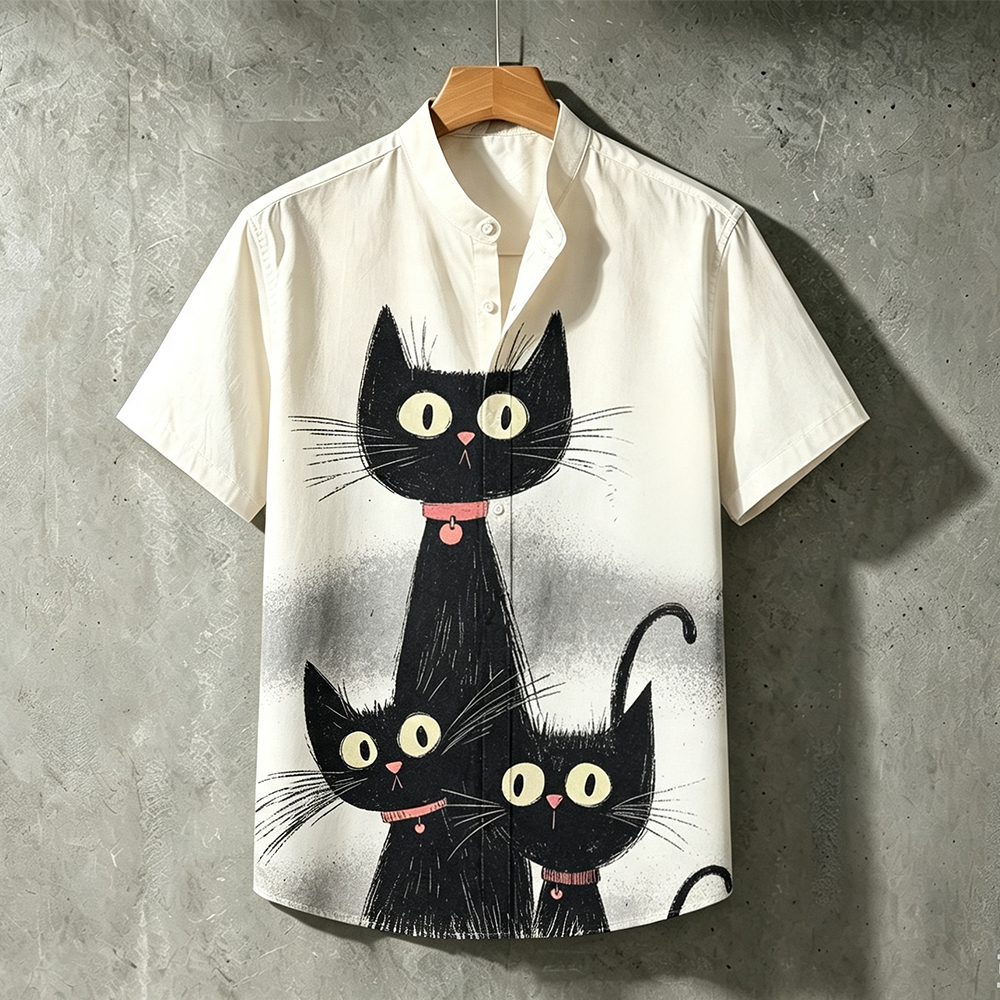 Men's Three Black Cats Print Shirt - Minimalist Graphic Short Sleeve Stand Collar Top