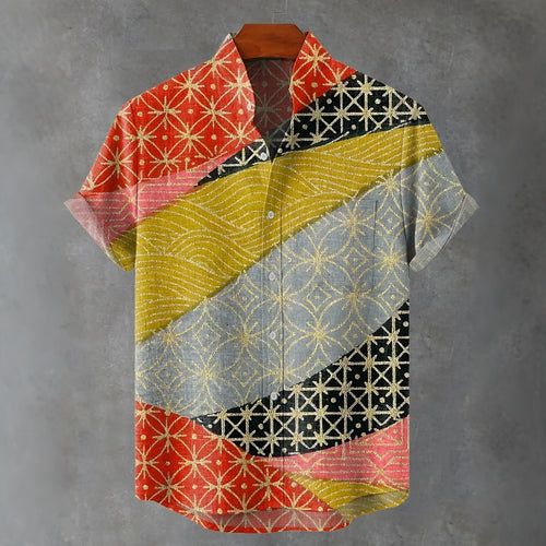 Color Match Splice Golden Vintage Art Print Casual Shirt
