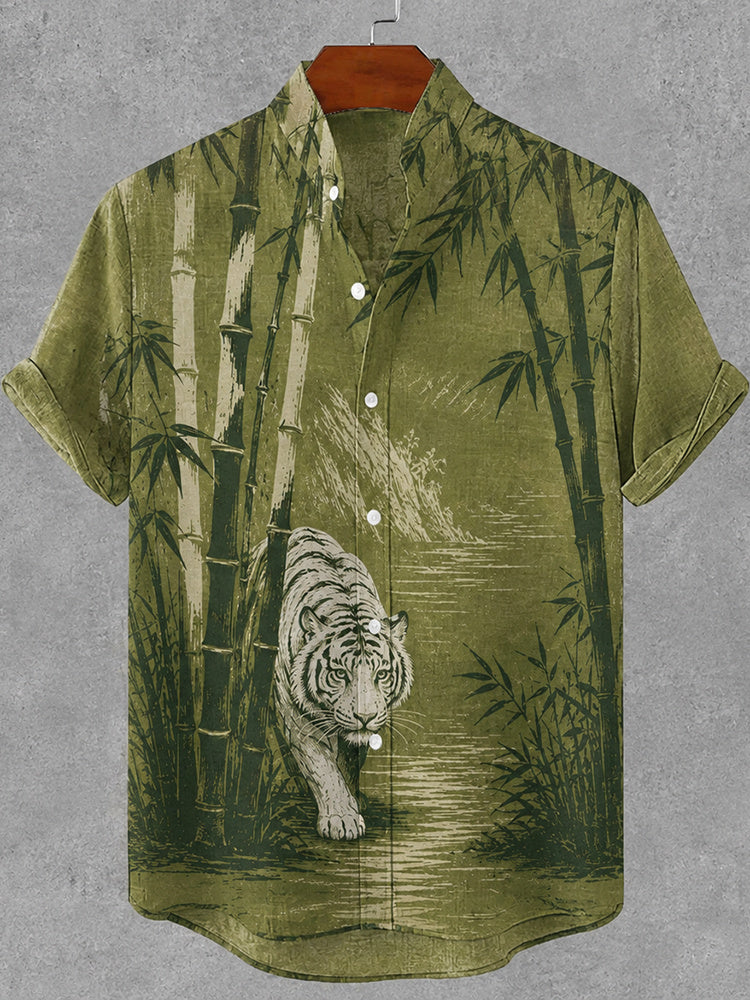 Men's Retro Japanese Bamboo And Tiger Art Print Short Sleeve Shirt