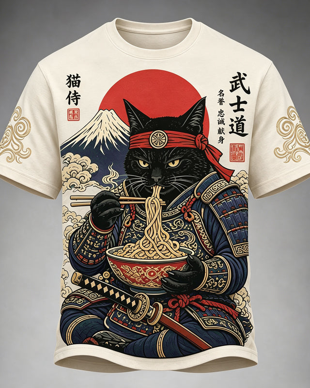 Men's Black Cat Samurai Eats Ramen Print Casual T-shirt