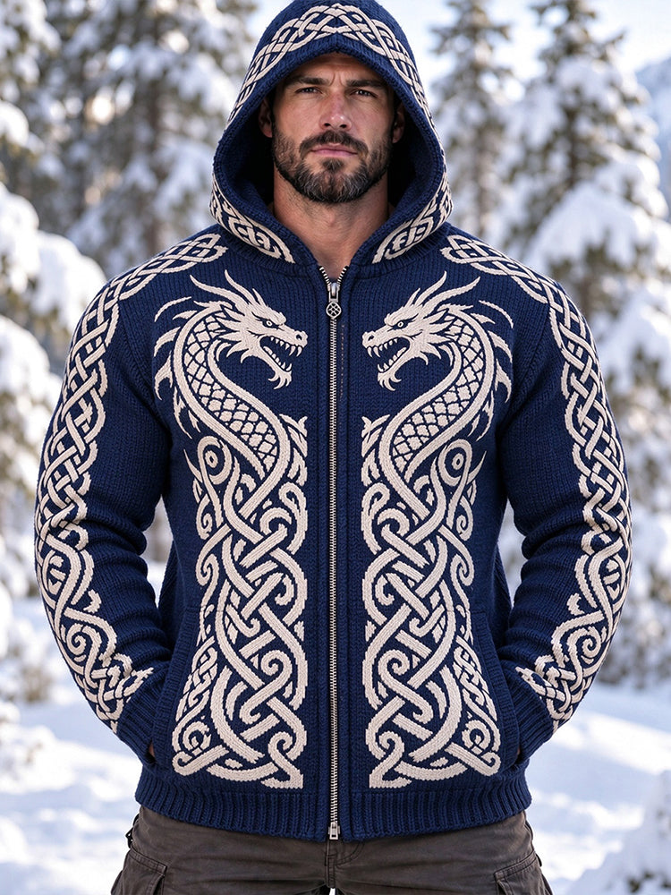 Men's Retro Viking Celtic Dragon Art Zip-up Cozy Hooded Sweater