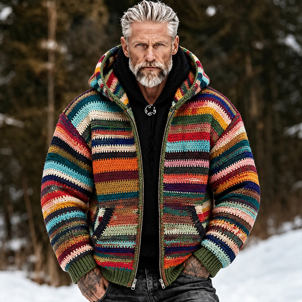 Men's Vintage Colorful Geometric Stripe Art Warm Knit Zip-up Hoodie Sweater