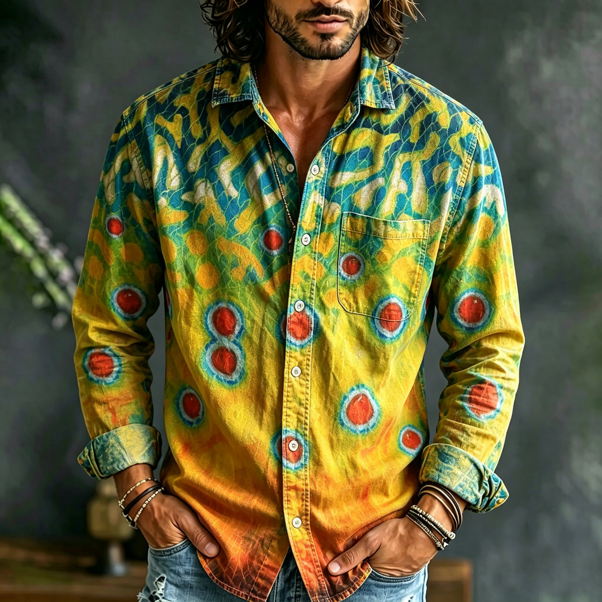 Men's Retro Color Block Ethnic Print Long-sleeve Linen Shirt
