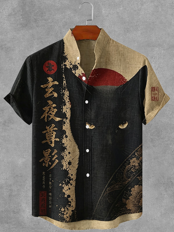 Vintage Japanese Black Cat Art Print Button Casual Linen Shirt