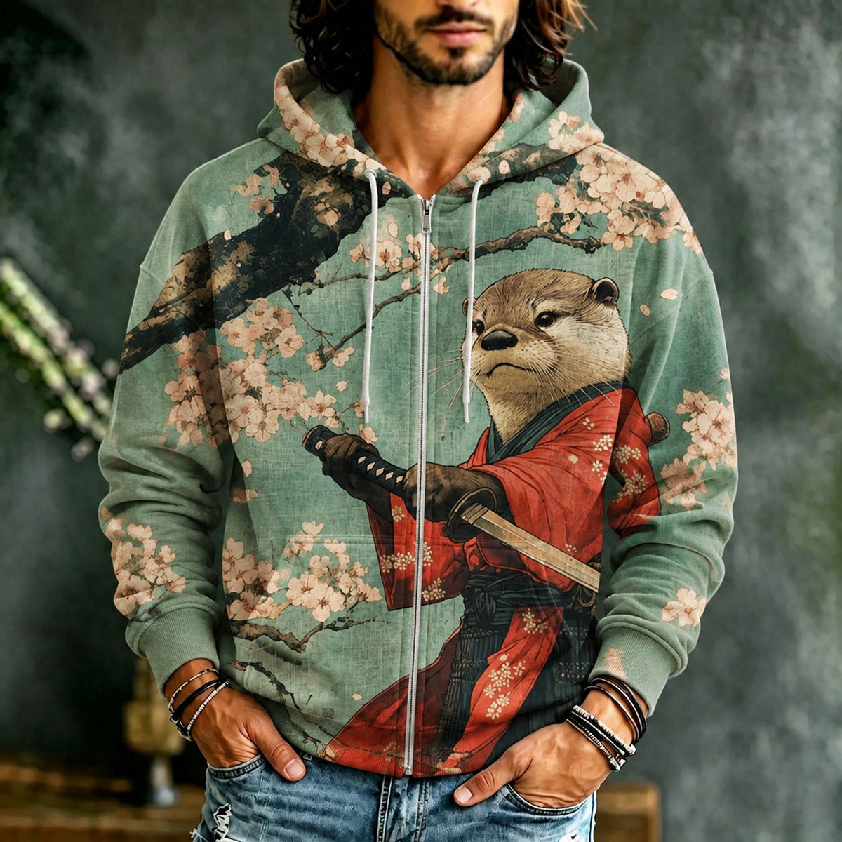 Men's Otter Warrior Training Art Print Casual Zip Up Hoodie