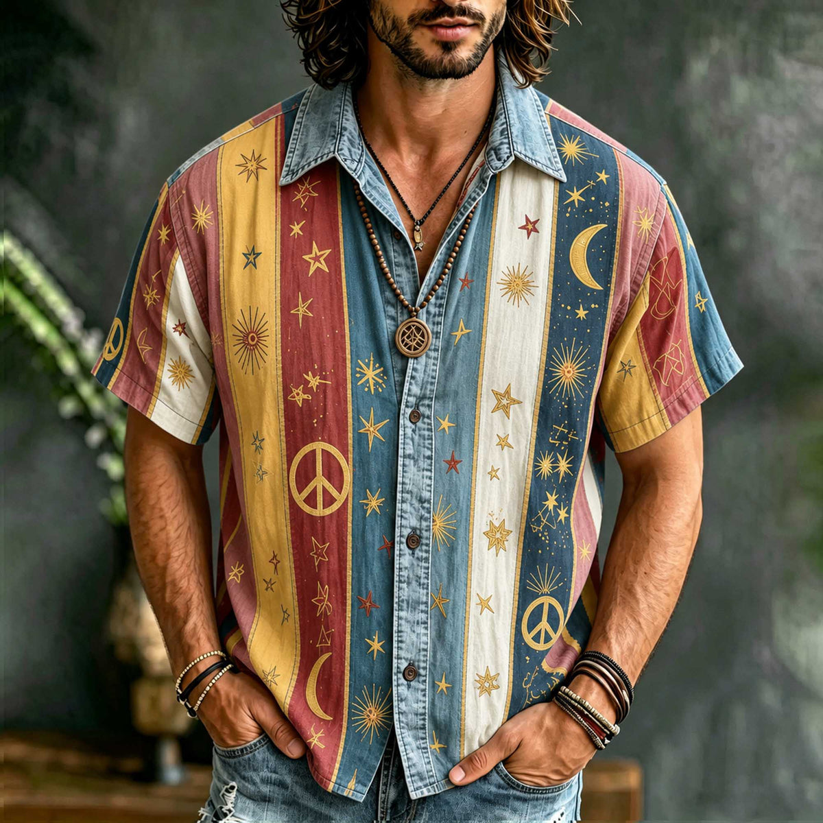 Vintage Hippie Stripe Patchwork Linen Shirt, 3d Embroidery Star & Crescent Casual Summer Short Sleeve Top