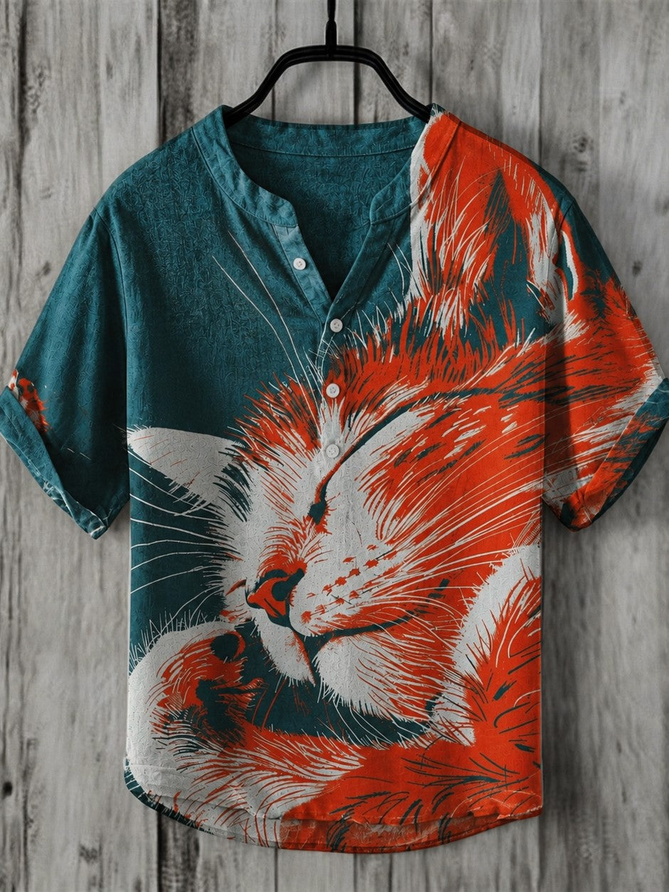 Men's Retro Cat Print Linen Shirt