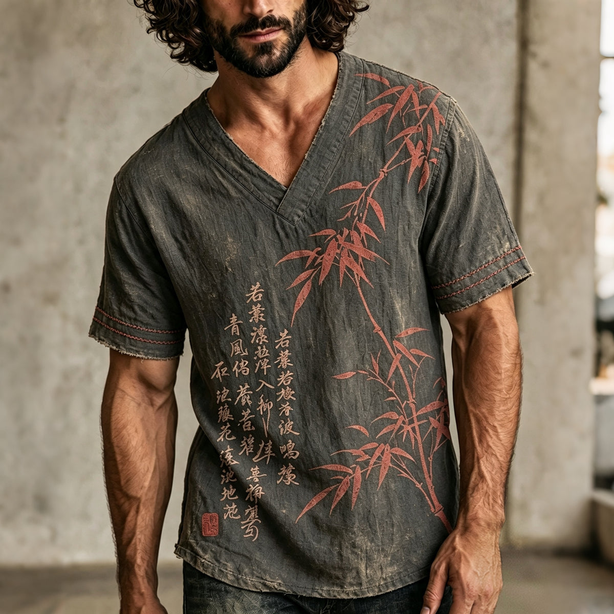 Men's Japanese Calligraphy And Bamboo Art Print V Neck Short Sleeve T-shirt