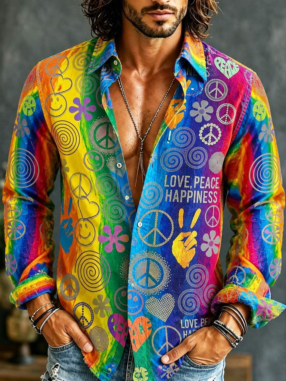 Men's Retro Hippie Style Peace Sign Print Shirt