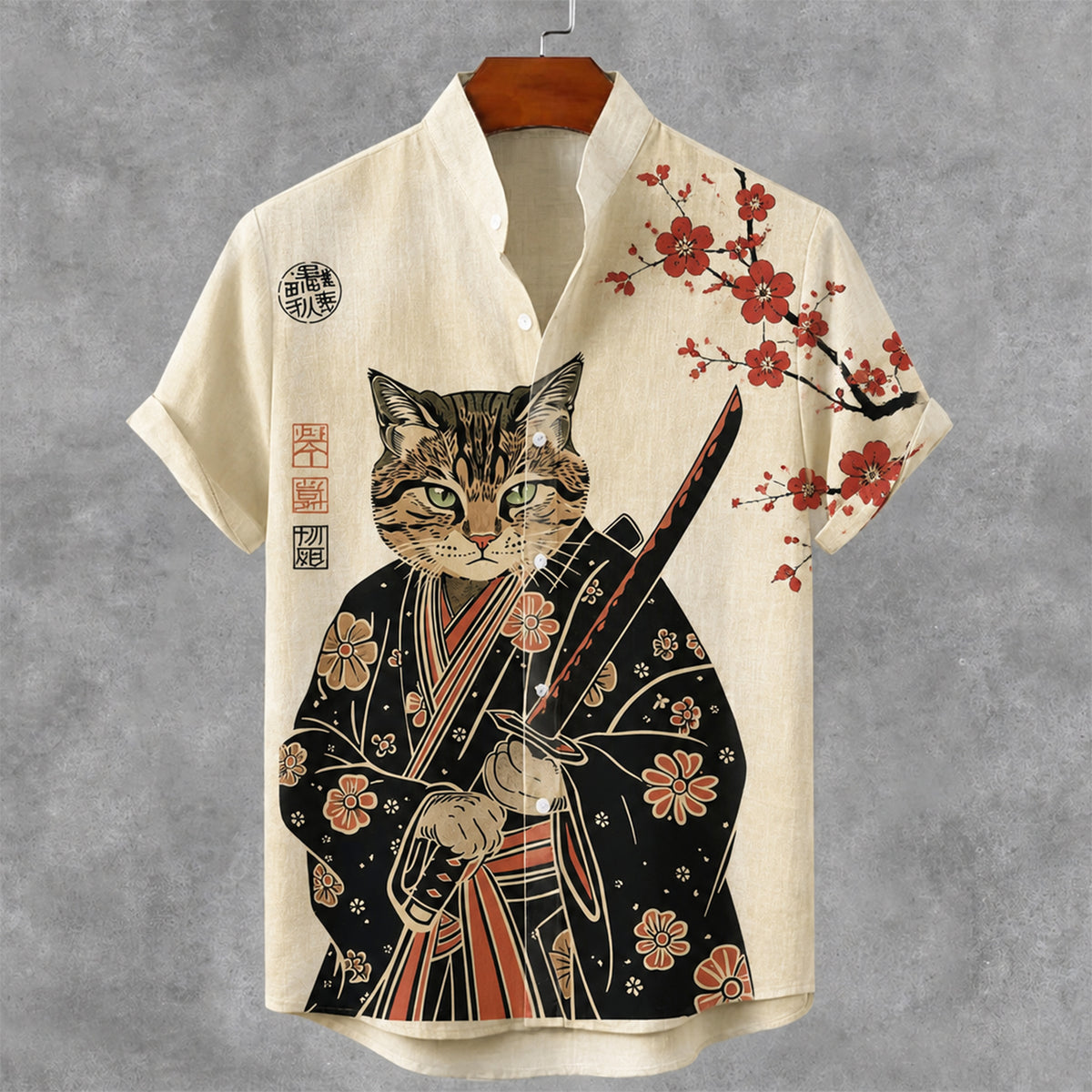 Men's Vintage Japanese Samurai Cat Print Button Casual Linen Shirt