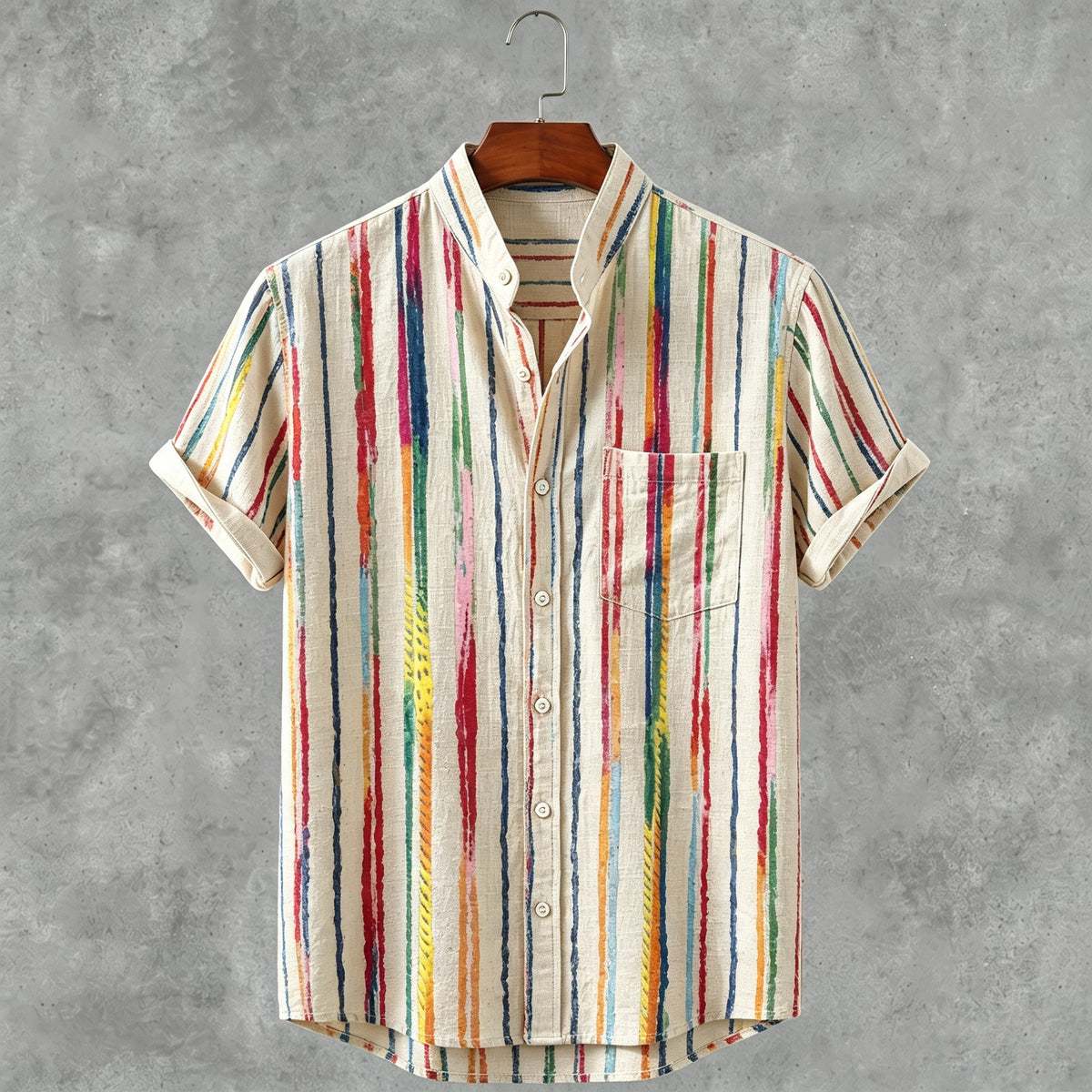 Men's Retro Colorful Graffiti Stripes Print Linen Short-sleeve Shirt