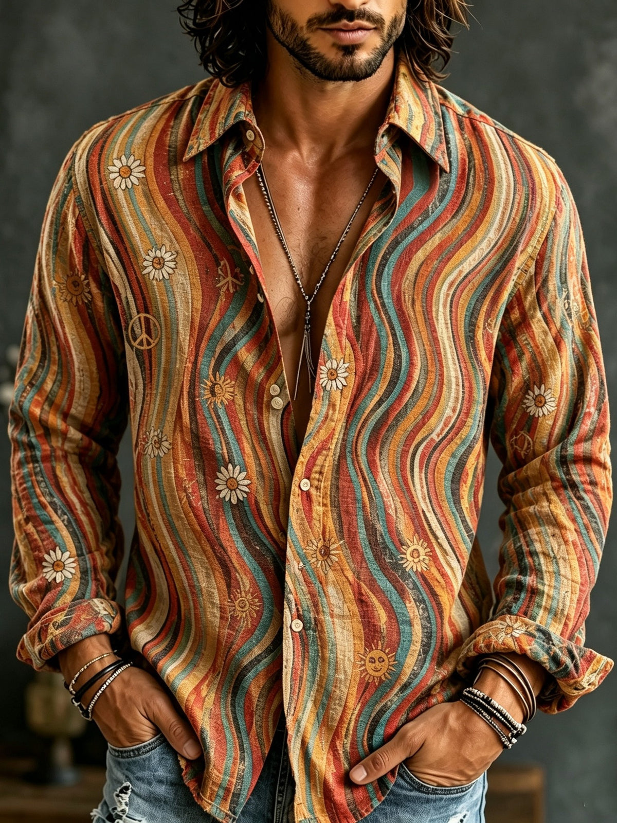 Men's Retro Bohemian Hippie Style Floral Print Linen Shirt