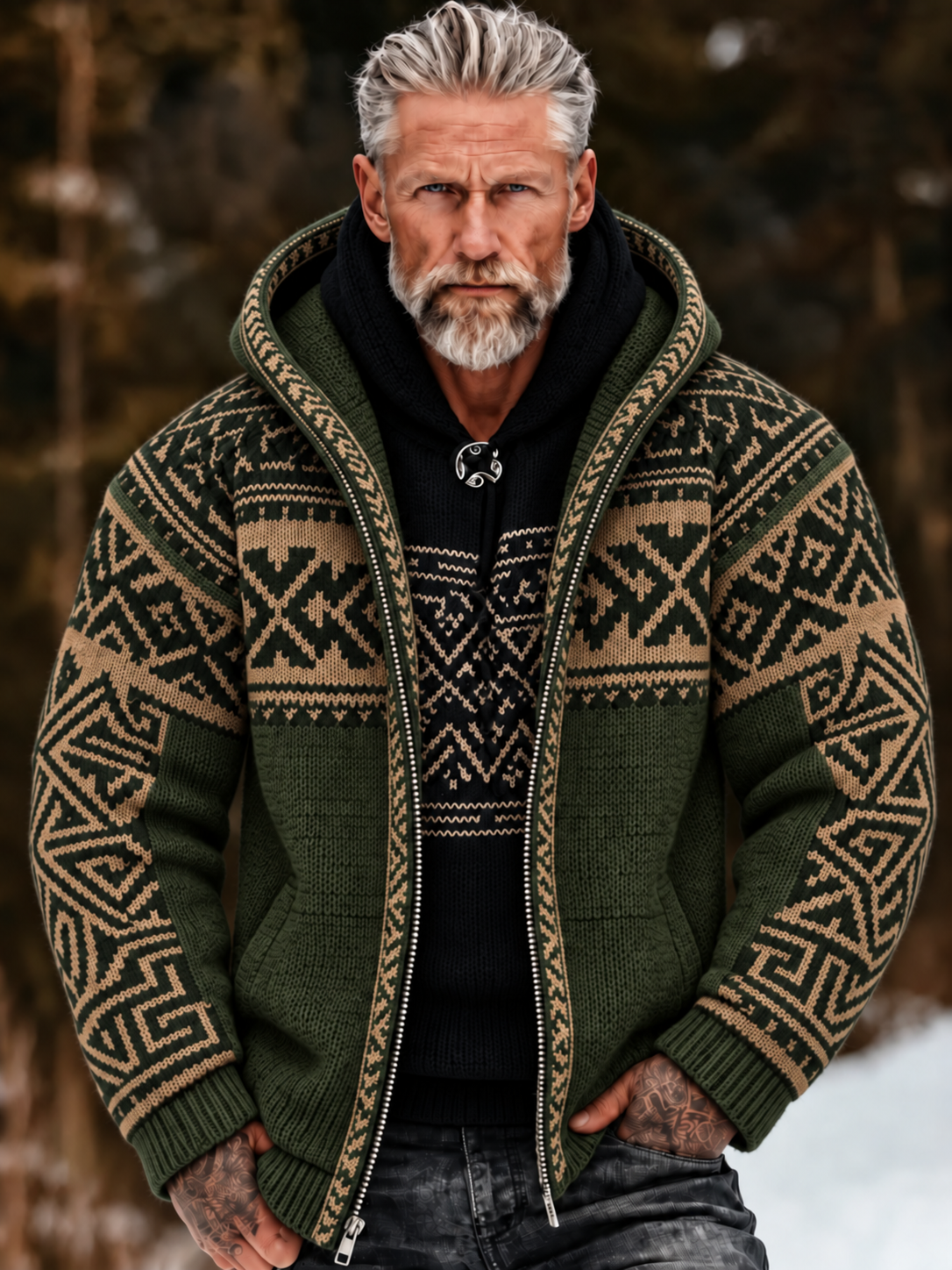 Men's Vintage Geometry Art Cozy Warm Knitted Jacquard Zipper Hooded Sweater