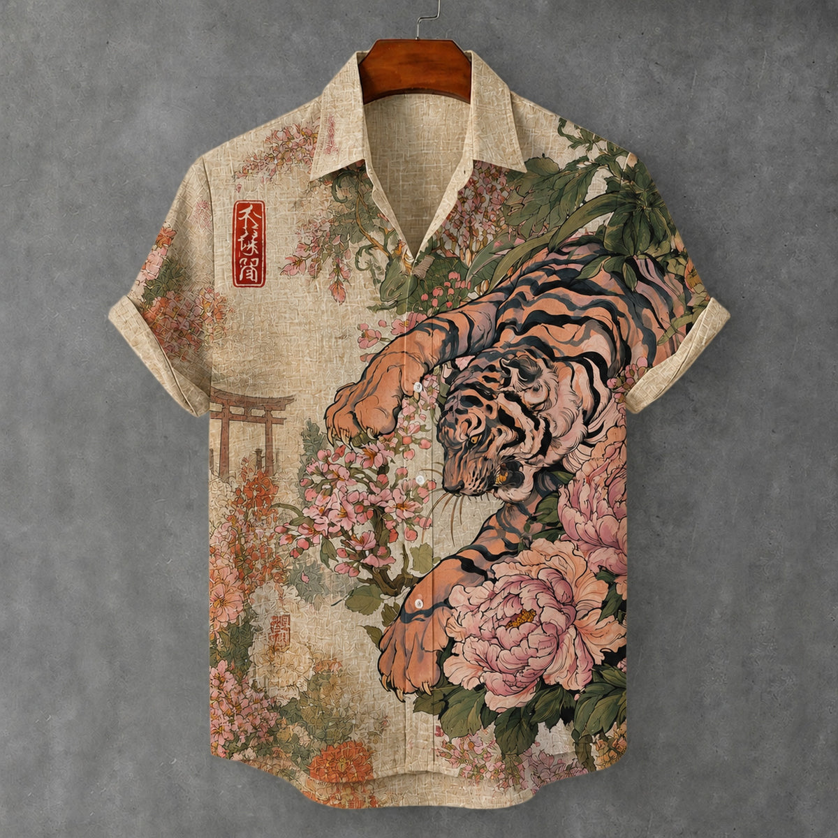 Men's Retro Japanese Art Tiger And Floral Print Linen Short-sleeve Shirt