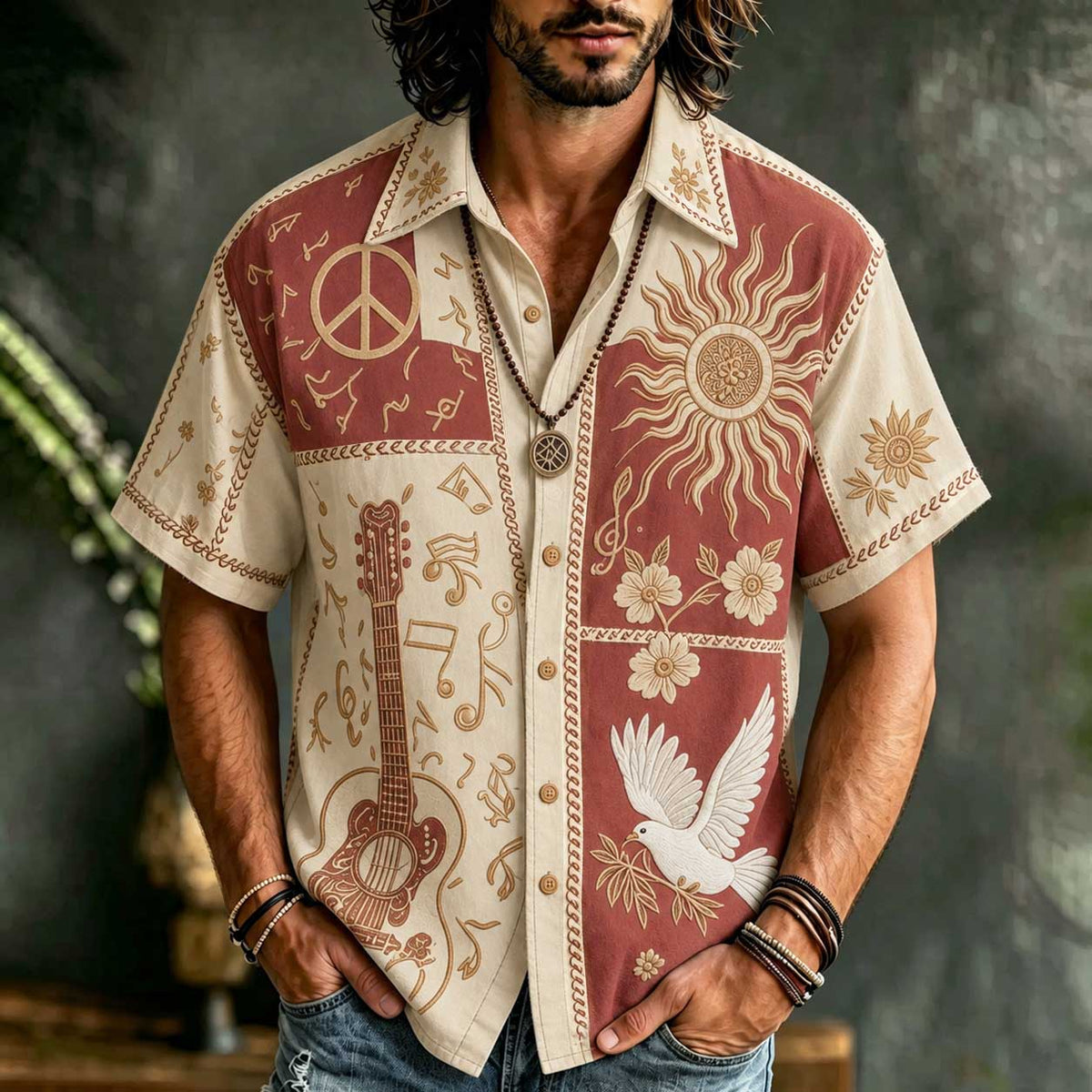 Men's Patchwork Denim Linen Short Sleeve Button Up Shirt, 3d Embroidery Guitar Peace Sign Sun Dove Floral Hippie Boho Vacation Shirt