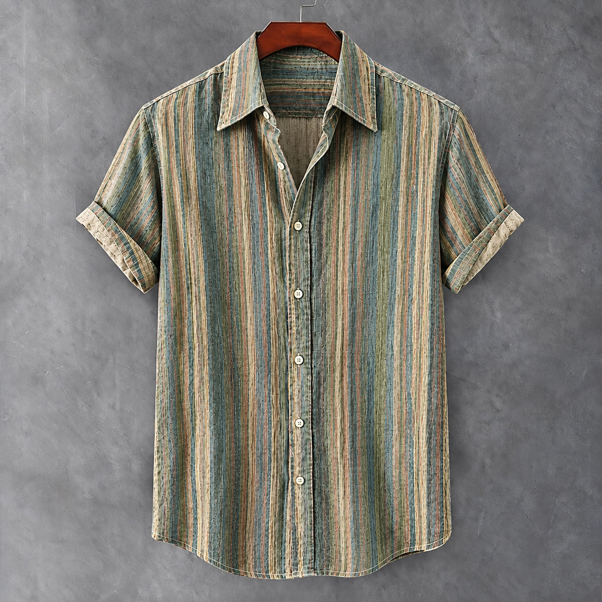 Men's Vintage Colorful Striped Art Print Casual Short Sleeve Shirt