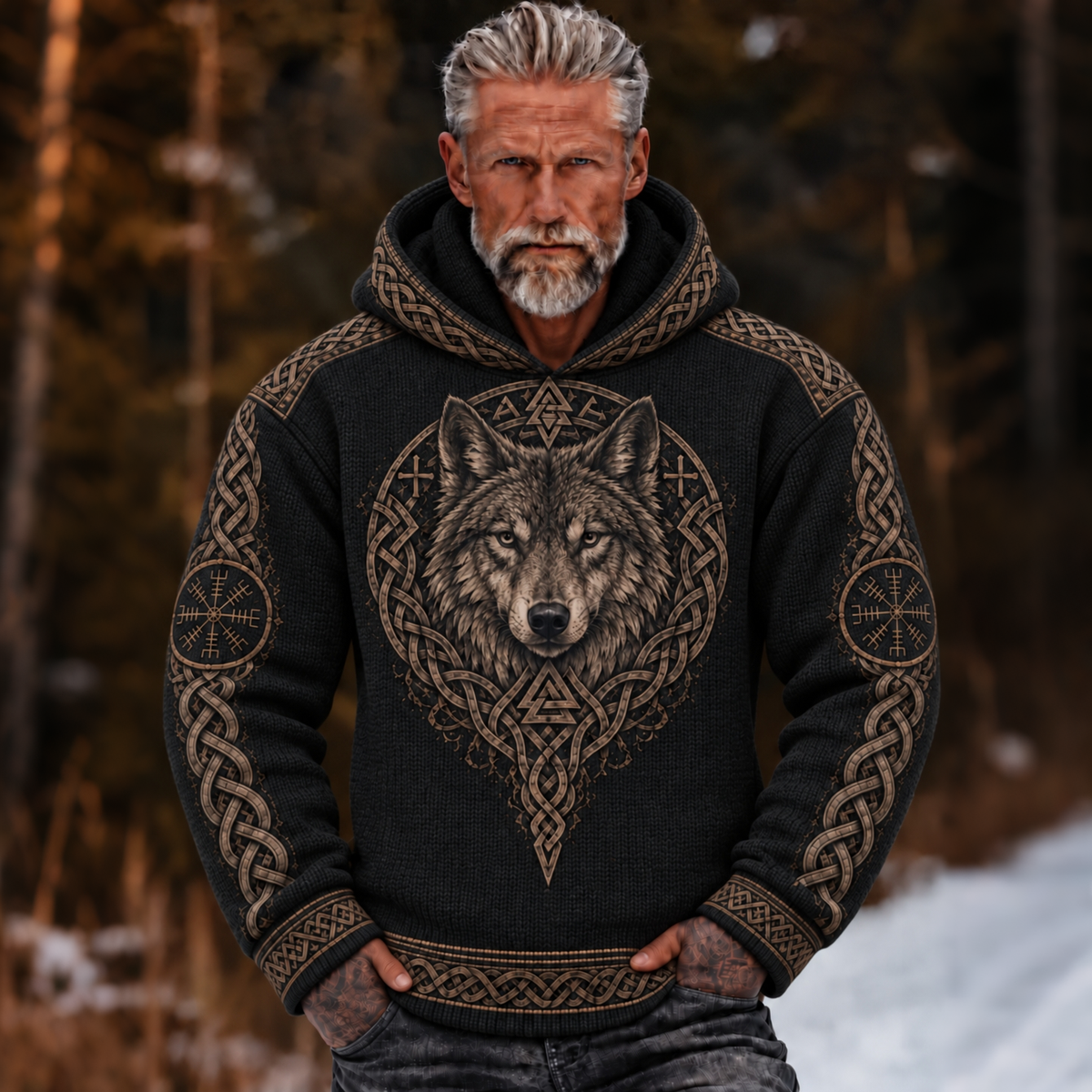 Men's Viking Tribal Wolf Celtic Printed  Knit Hooded Sweater