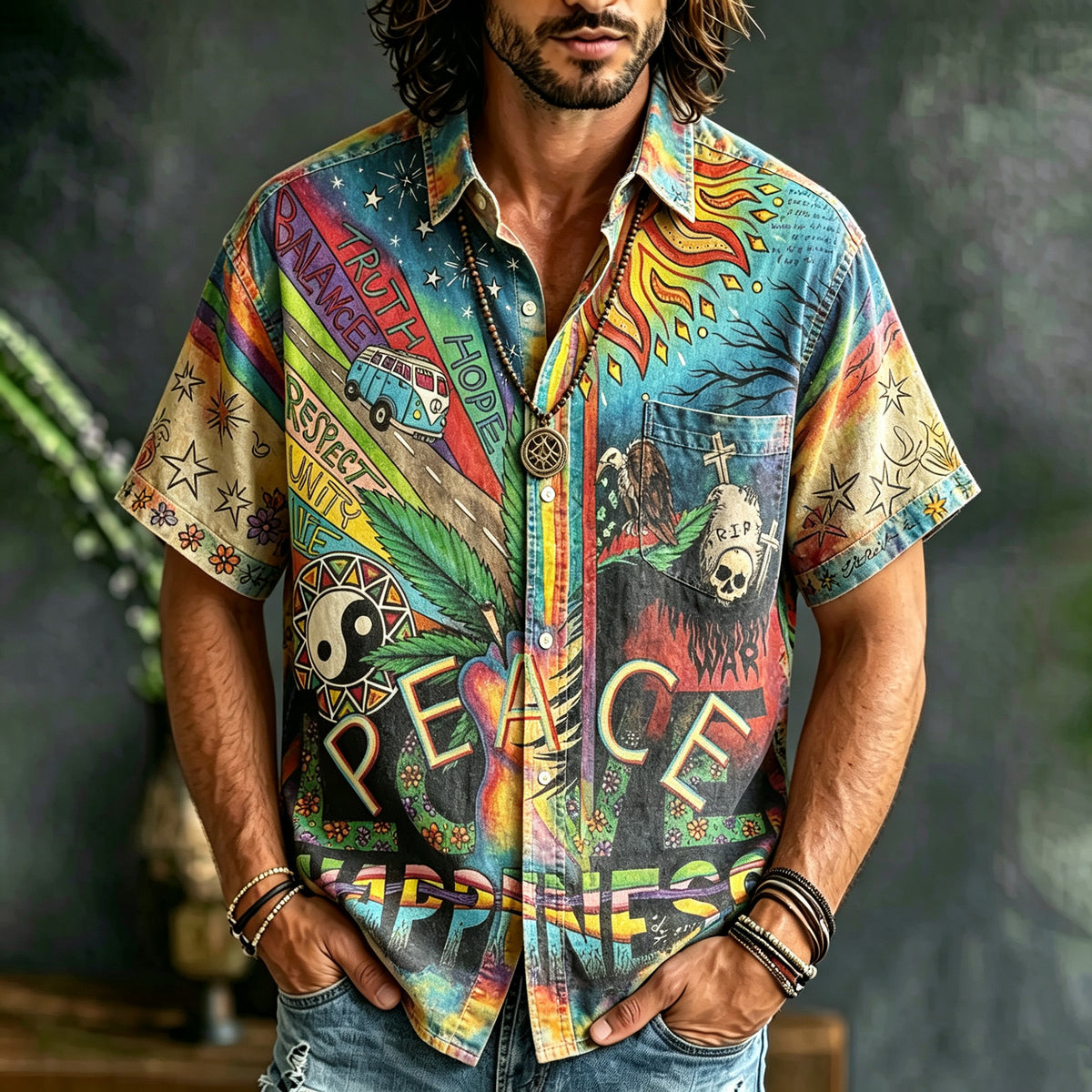Retro Hippie Rainbow Peace Psychedelic Art Linen Short-sleeved Shirt