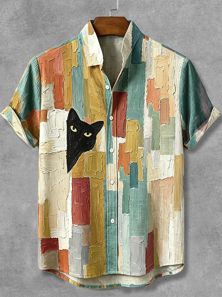Men's Vintage Peeking Black Cat Contrast Oil Painting Art Casual Shirt