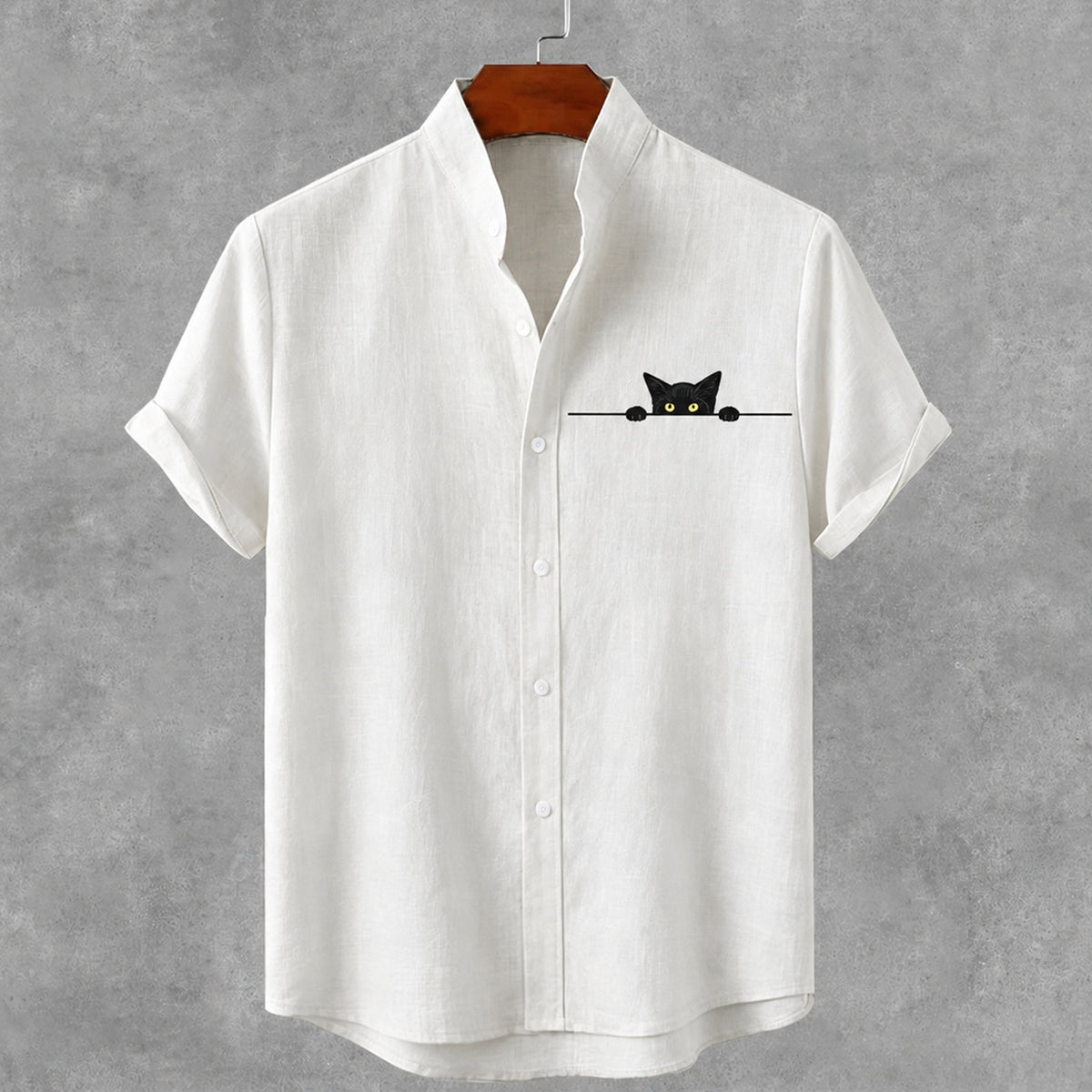 Vintage Black Cat Art Print Casual Linen Shirt