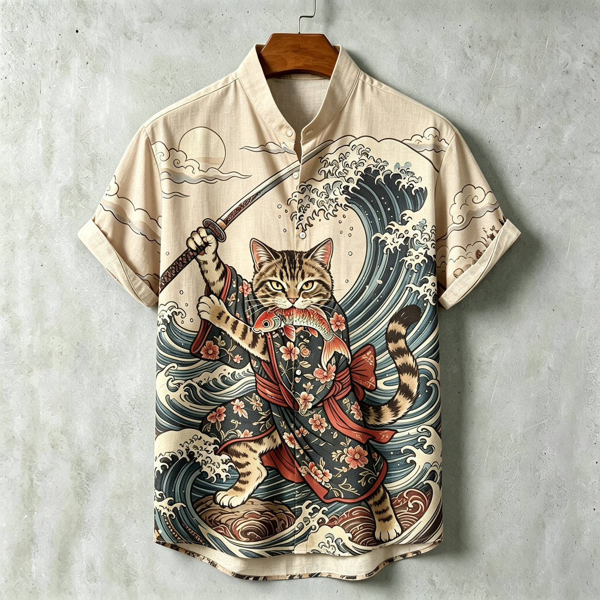 Men's Samurai Wave Print Short-sleeve Linen Shirt