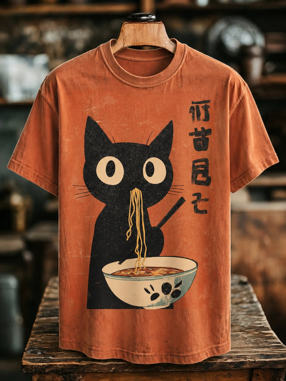 Men's Japanese Black Cat Eating Ramen Print Crew Neck T-shirt