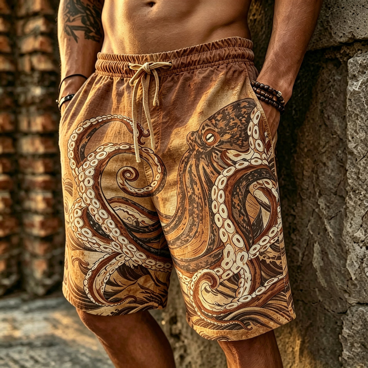 Men's Retro Japanese Art Octopus Print Linen Casual Shorts