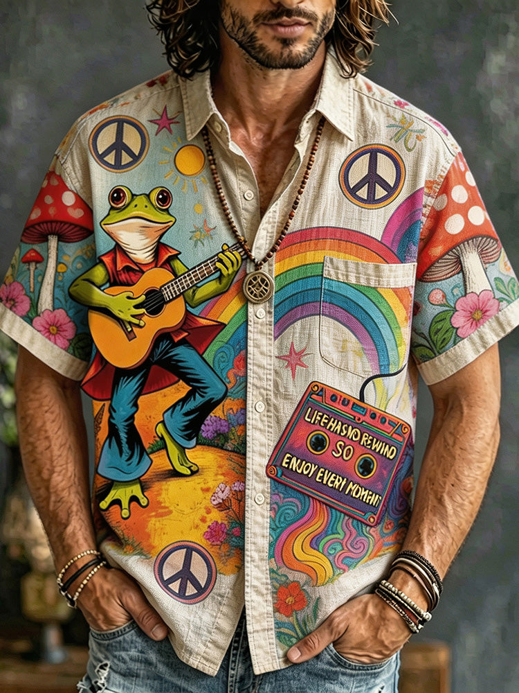 Men's Retro Hippie Style Psychedelic Frog Playing Guitar Mushroom Tape Rainbow Peace Symbol Print Casual Shirt