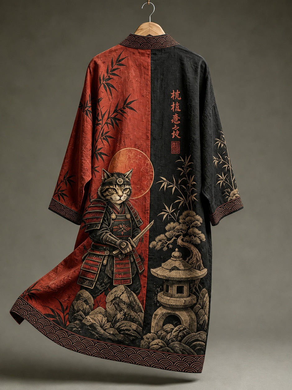 Men's Retro Samurai Cat Art Print Linen Blend Long Kimono