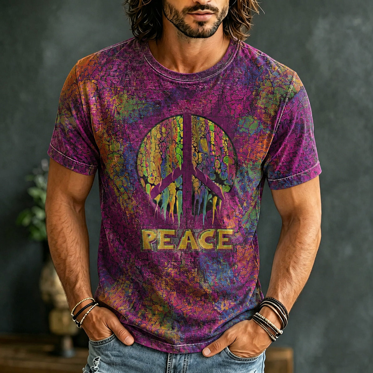 Men's Retro Hippie Style Printed Linen T-shirt