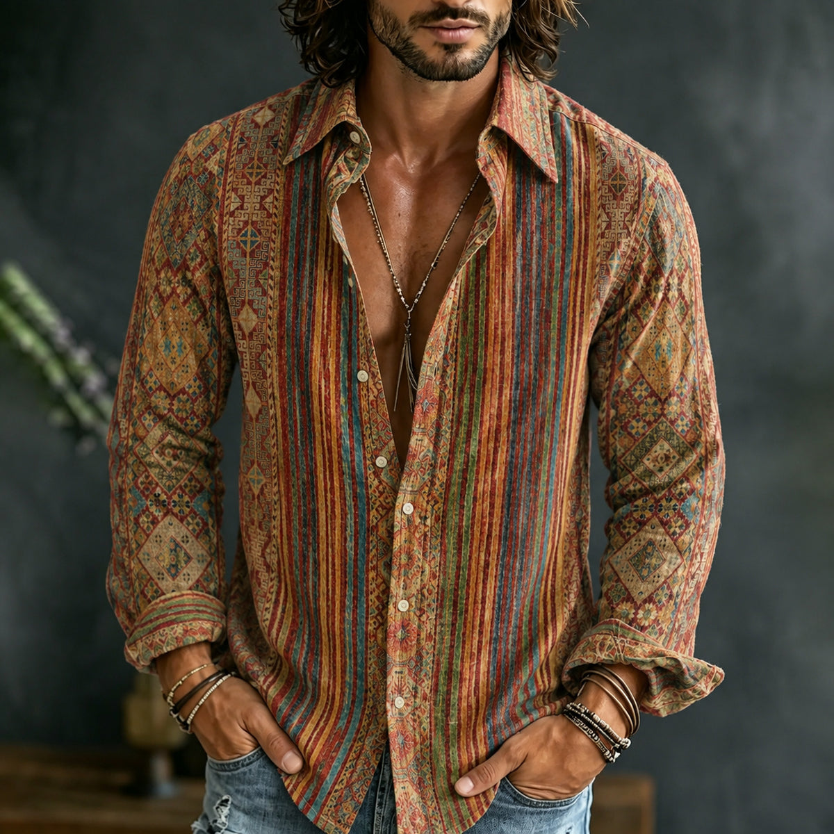 Men's Retro Ethnic Style Geometric Rainbow Stripes Art Print Linen Blend Long-sleeve Shirt