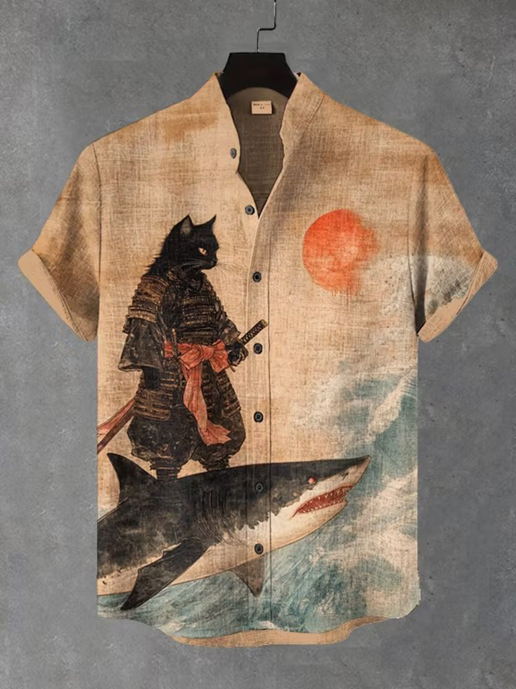 Men's Black Cat Warrior And Shark Art Print Casual Shirt