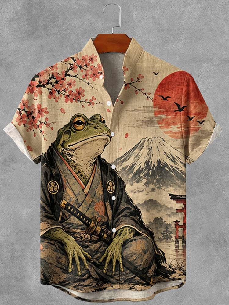 Vintage Japanese Frog Art Print Button Casual Linen Shirt