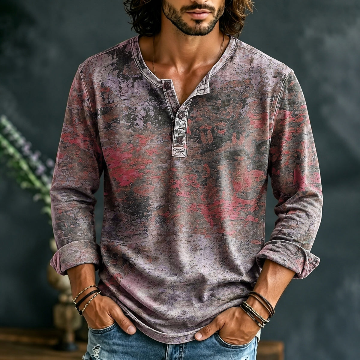 Men's Retro Ethnic Color Block Henley Neck T-shirt