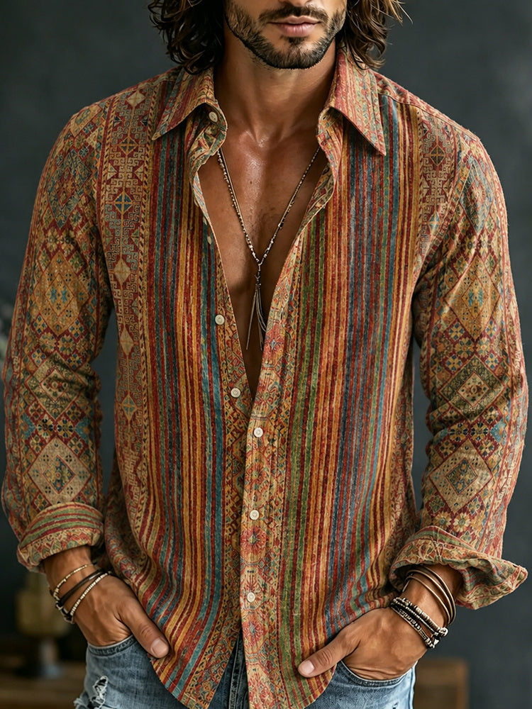 Men's Retro Ethnic Style Geometric Rainbow Stripes Art Print Linen Blend Long-sleeve Shirt