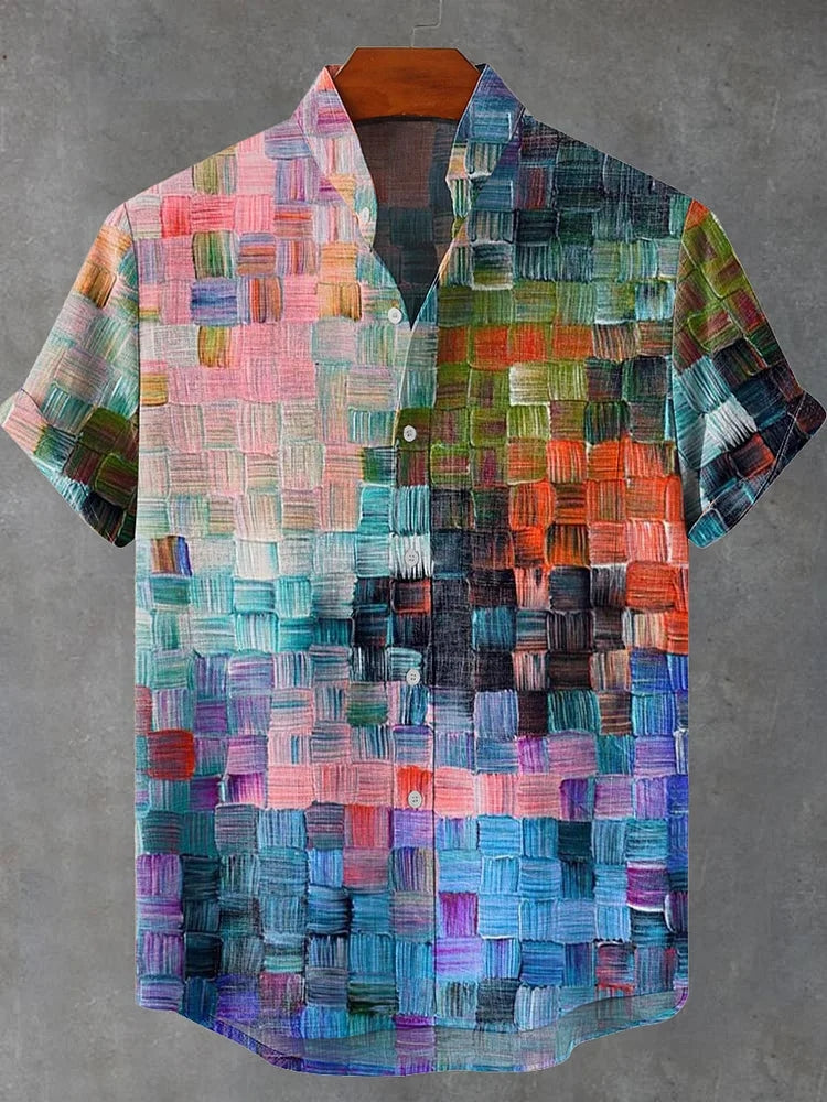 Oil Painting Style Lattice Vintage Art Print Casual Linen Shirt