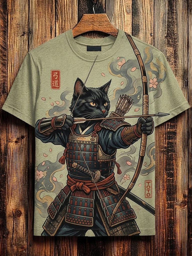 Men's Japanese Black Cat Samurai Art Print Crew Neck Short Sleeve T-shirt