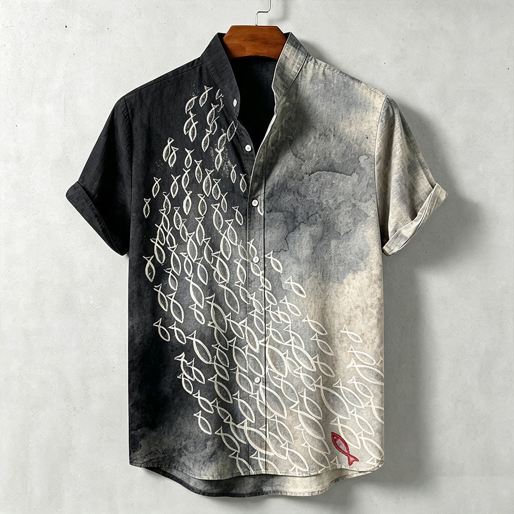 Men's Japanese Style Ocean Fish Print Casual Short-sleeved Shirt