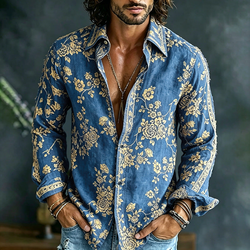 Men's Spring Summer Colorful Floral Printed Art Print Flowy Linen Blend Shirt