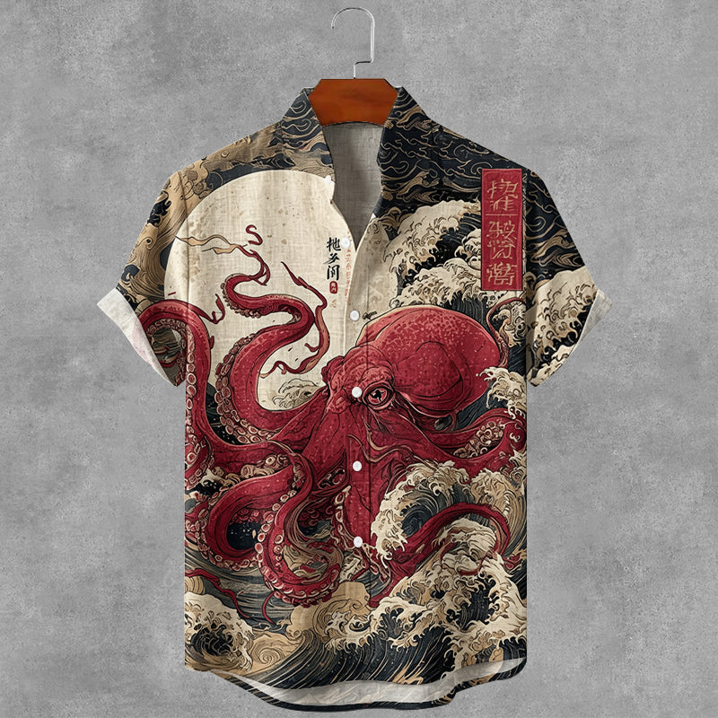 Vintage Japanese Octopus Ukiyo-e Art Print Casual Linen Shirt
